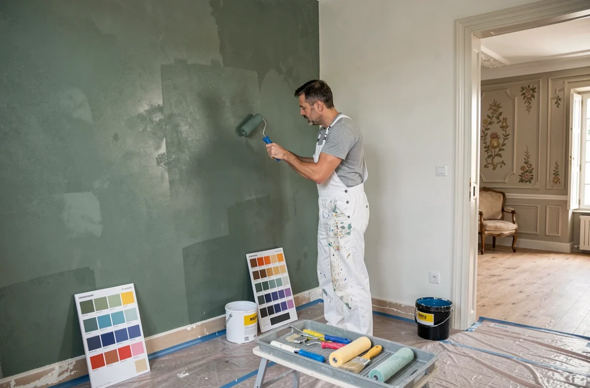 Artisan peintre d'EDI Peintures & Fils appliquant de la peinture décorative dans un appartement à Montpellier