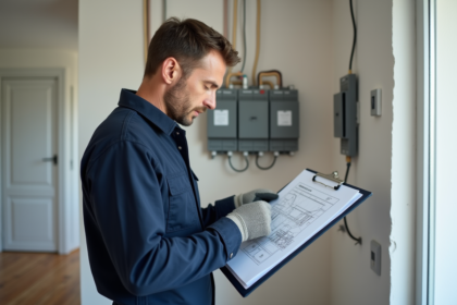 Électricien homme en uniforme vérifiant un schéma électrique