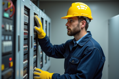 Jeune electricien en tenue inspectant un panneau électrique