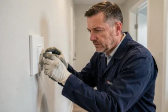 Électricien en tenue de travail vérifiant un interrupteur poussoir nouvellement installé sur un mur blanc dans un couloir résidentiel moderne
