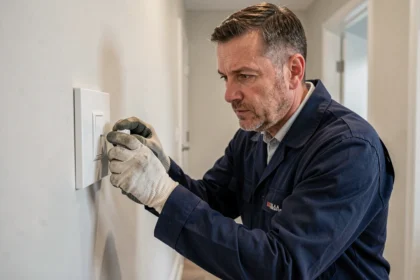 Électricien en tenue de travail vérifiant un interrupteur poussoir nouvellement installé sur un mur blanc dans un couloir résidentiel moderne