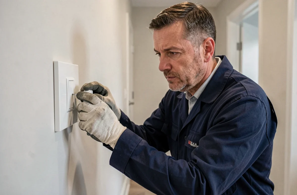 Électricien en tenue de travail vérifiant un interrupteur poussoir nouvellement installé sur un mur blanc dans un couloir résidentiel moderne