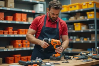 Employé de magasin Lidl inspectant une perceuse de marque Parkside sur un établi en bois entouré d'outils électroportatifs