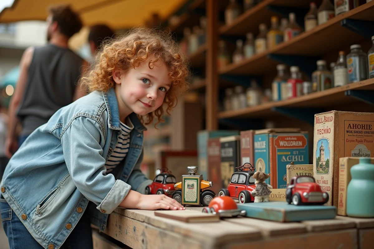 Petite fille fascinée par des jouets anciens et des livres illustrés sur un étal de brocante familiale dans le 13, ambiance authentique et chaleureuse
