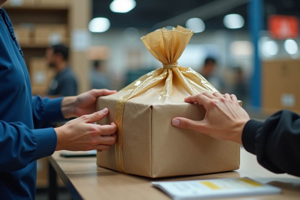 Personne remettant un colis dans un bureau de poste animé