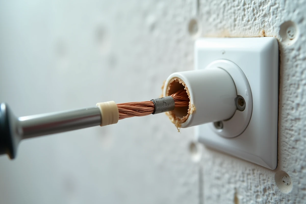 Gros plan sur une erreur de câblage d'un radiateur électrique avec fil mal dénudé et gaine abîmée