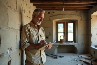 Artisan estimant le coût de rénovation d'une maison ancienne en pierre avec murs fissurés et poutres apparentes