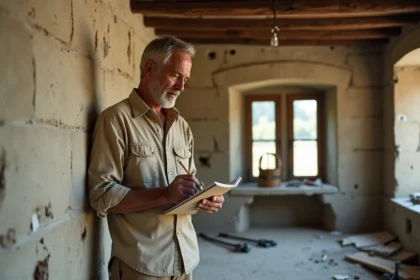 Artisan estimant le coût de rénovation d'une maison ancienne en pierre avec murs fissurés et poutres apparentes