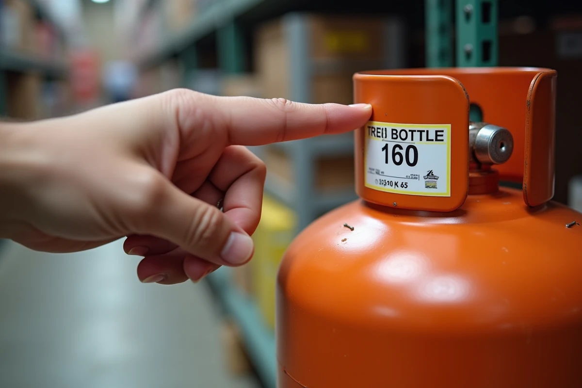 Gros plan sur l'étiquette de prix d'une bouteille de gaz propane en dépôt Leclerc