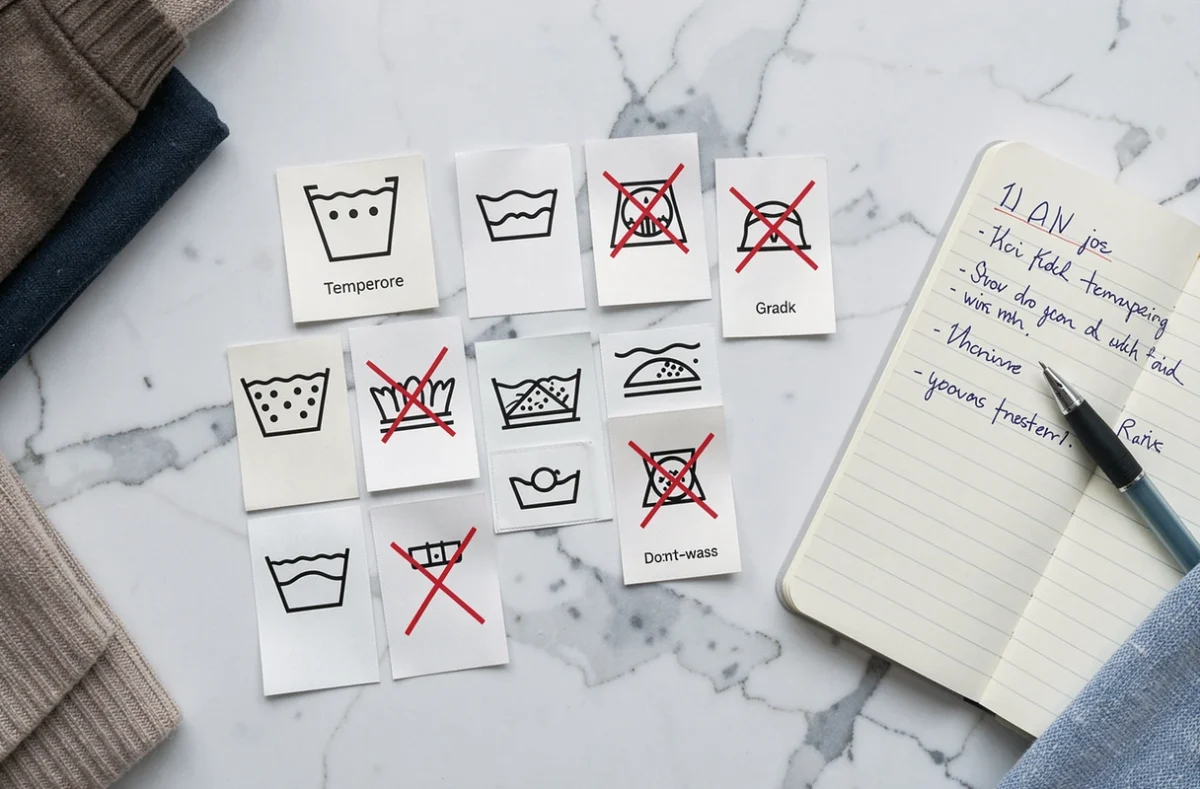 Étiquettes de vêtements avec symboles de lavage disposées en flat lay sur marbre blanc avec carnet de notes