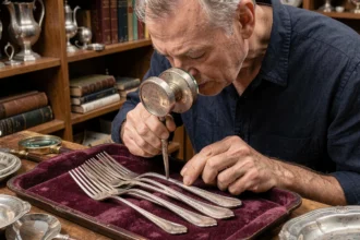 Expert en argenterie examinant au loupe les poinçons sur des couverts en argent anciens dans un bureau d'antiquaire