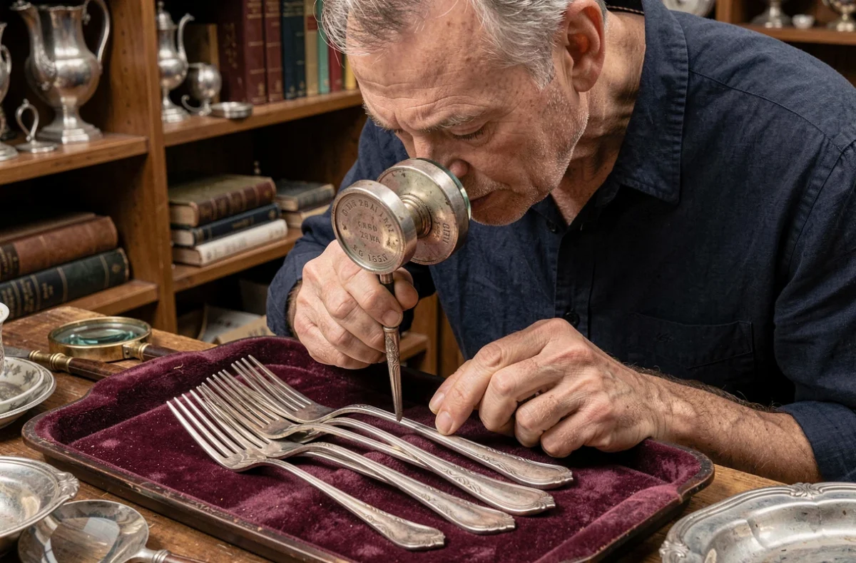 Expert en argenterie examinant au loupe les poinçons sur des couverts en argent anciens dans un bureau d'antiquaire