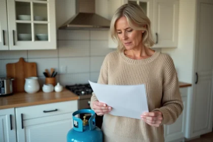 Femme examinant sa facture de gaz Leclerc à côté d'une bouteille de gaz butane dans une cuisine française