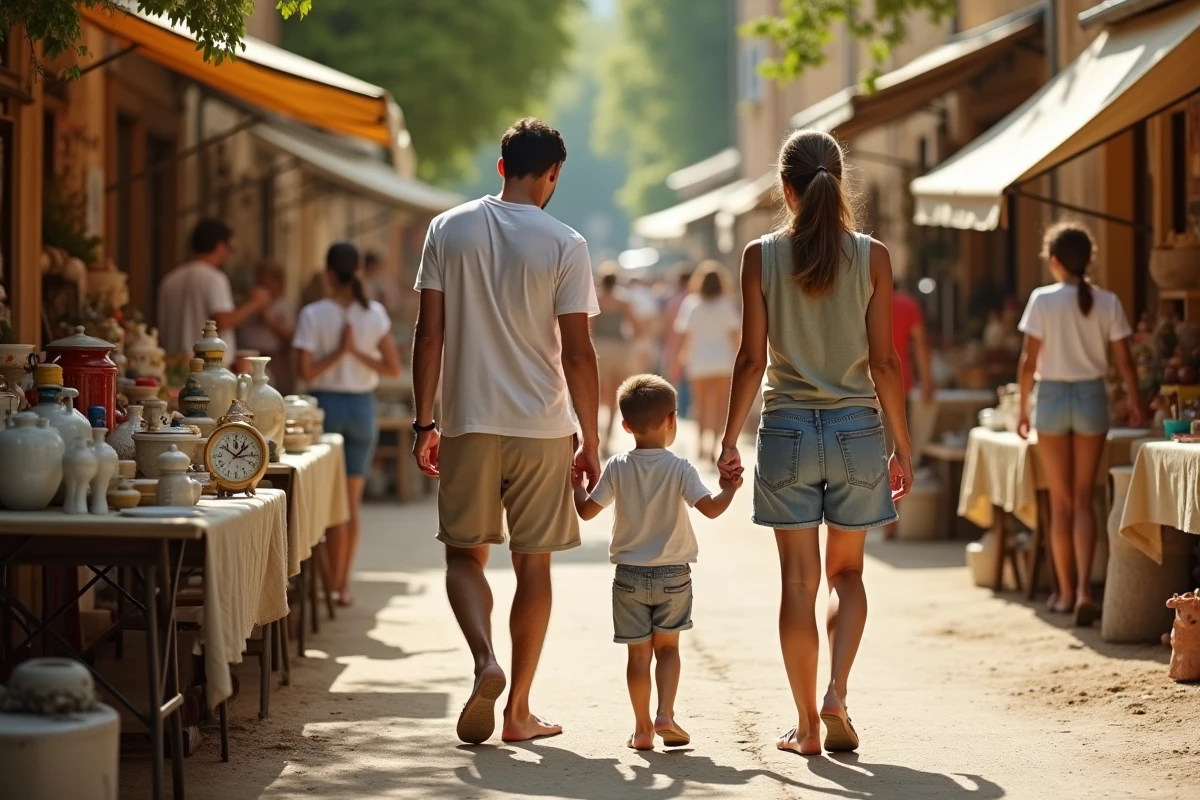 Famille avec enfants qui se promène dans une brocante en plein air dans le département des Bouches-du-Rhône, entre les étals d'objets vintage sous les platanes provençaux