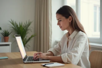 Femme consultant un site de décoration maison en ligne sur son ordinateur portable dans un bureau minimaliste