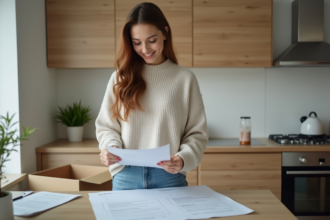 Jeune femme dans un appartement en déménagement examine des documents