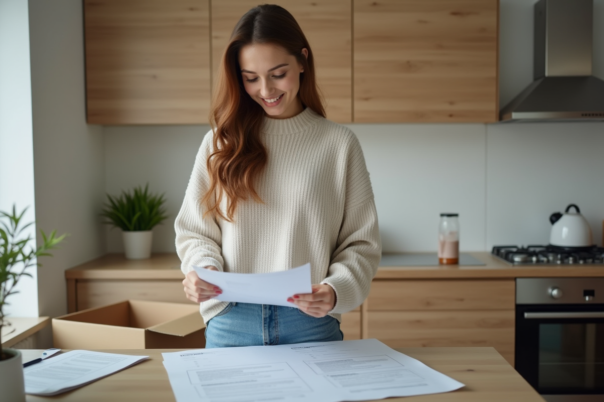 Jeune femme dans un appartement en déménagement examine des documents