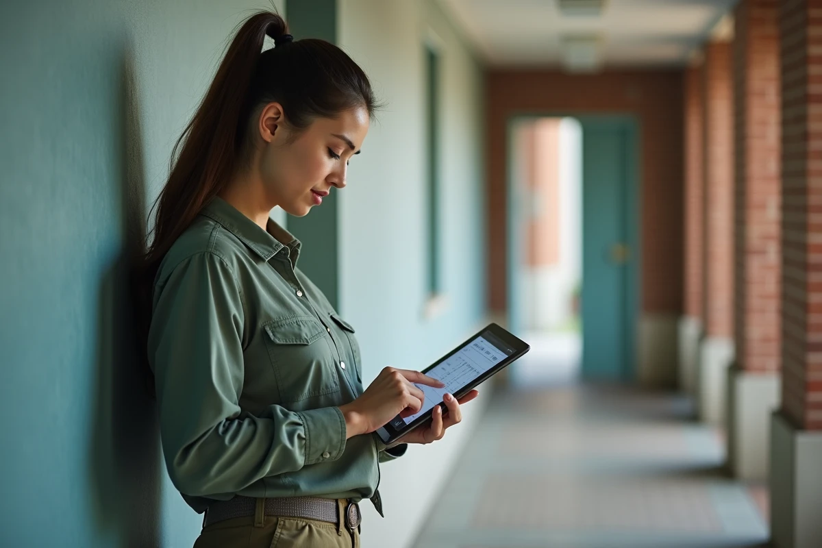 Jeune femme professionnelle utilisant une tablette dans un couloir
