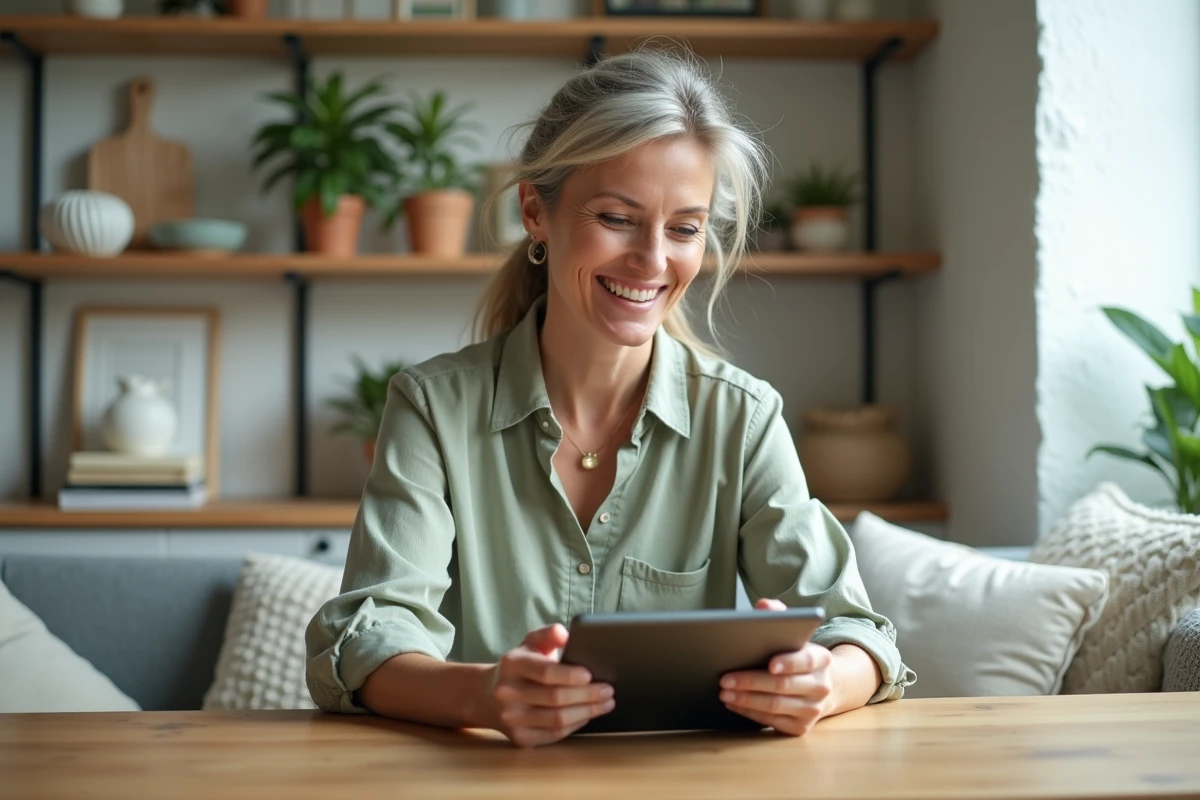 Femme utilisant une application de décoration intérieure sur tablette dans un salon contemporain raffiné en 2026