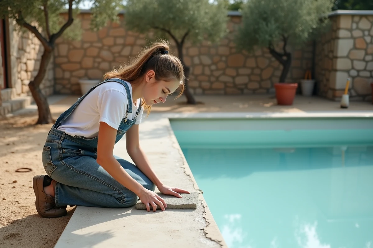 Jeune femme en tenue de travail finit le revêtement de la piscine