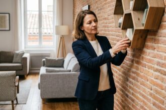 Femme d'âge moyen arrangeant des étagères géométriques dans un salon moderne