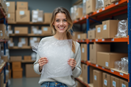 Femme souriante tenant du papier bulle dans un magasin