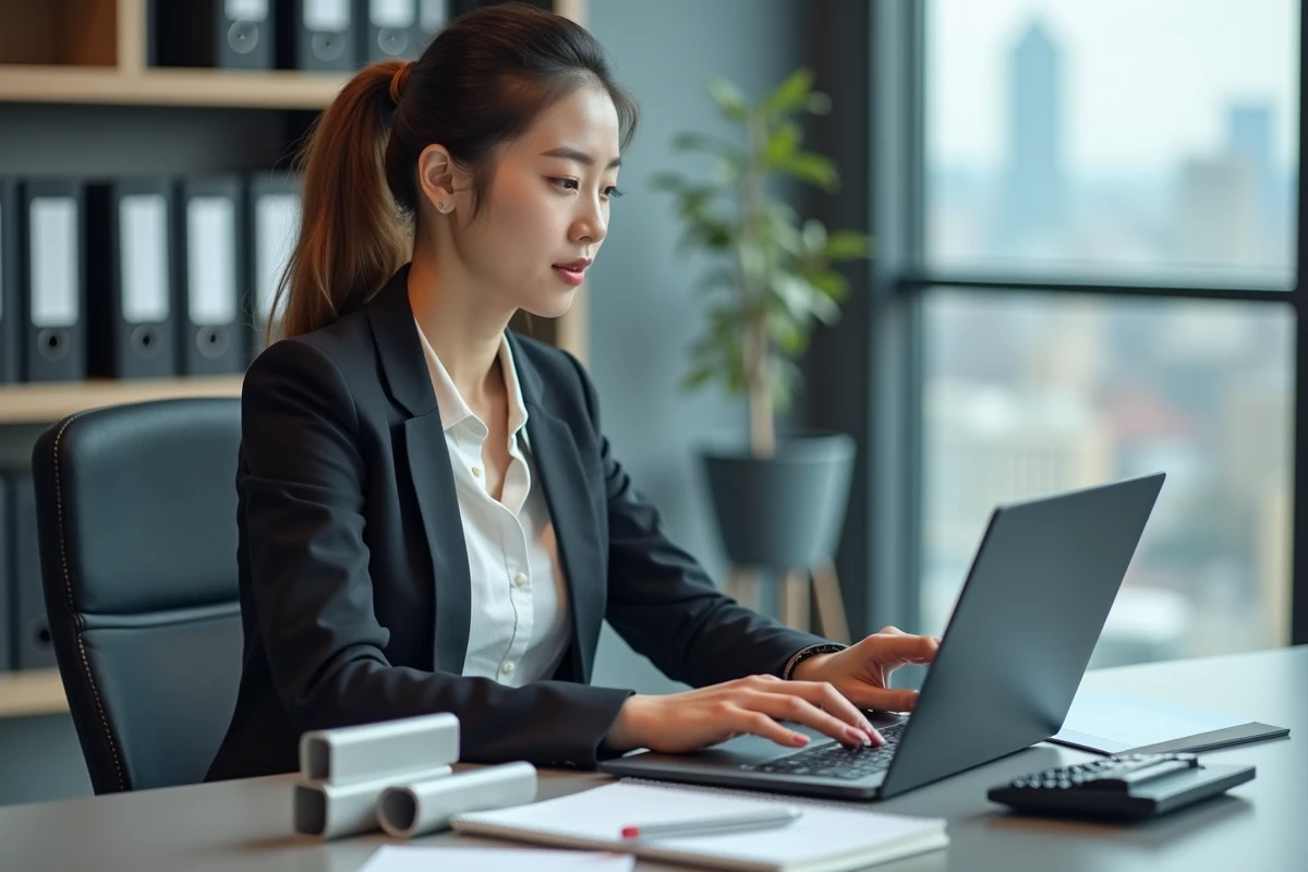 Femme d affaires travaillant avec tubes en aluminium au bureau