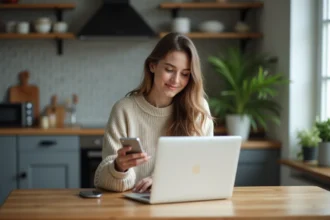 Femme détendue utilisant un ordinateur portable dans une cuisine moderne