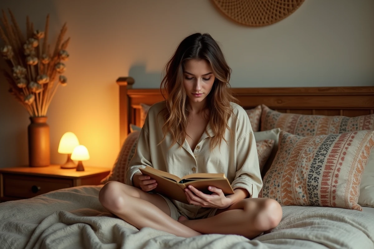 Femme lisant dans une chambre bohème avec lampe de chevet champignon allumée sur table de nuit vintage