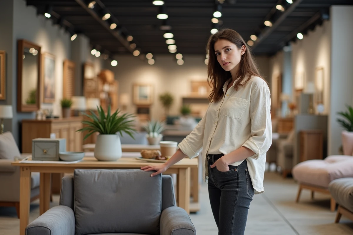 Femme choisissant un fauteuil en velours gris dans un magasin BUT pour relooker son salon