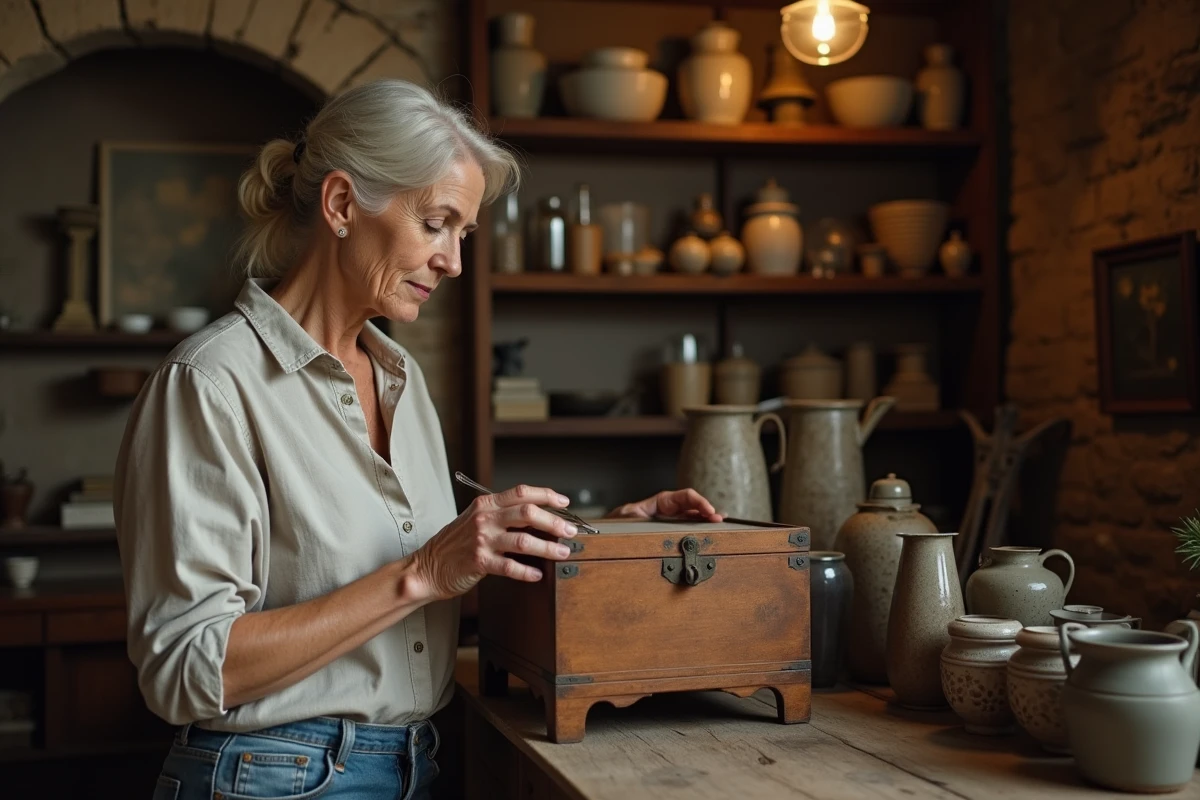 Femme examinant un coffre ancien en bois dans une boutique de brocante