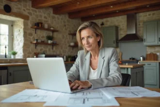 Femme consultant des plans de rénovation sur une table en bois avec un ordinateur portable affichant un site de maison et travaux