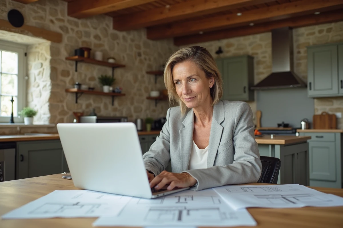 Femme consultant des plans de rénovation sur une table en bois avec un ordinateur portable affichant un site de maison et travaux