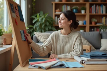 Jeune femme pinçant des échantillons de tissu dans un salon cosy