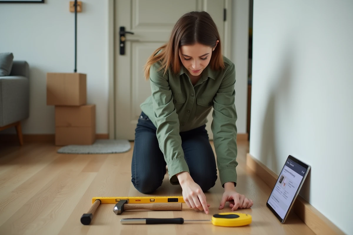 Femme débutante en bricolage disposant ses premiers outils sur le sol d'un appartement avec un tutoriel affiché sur smartphone