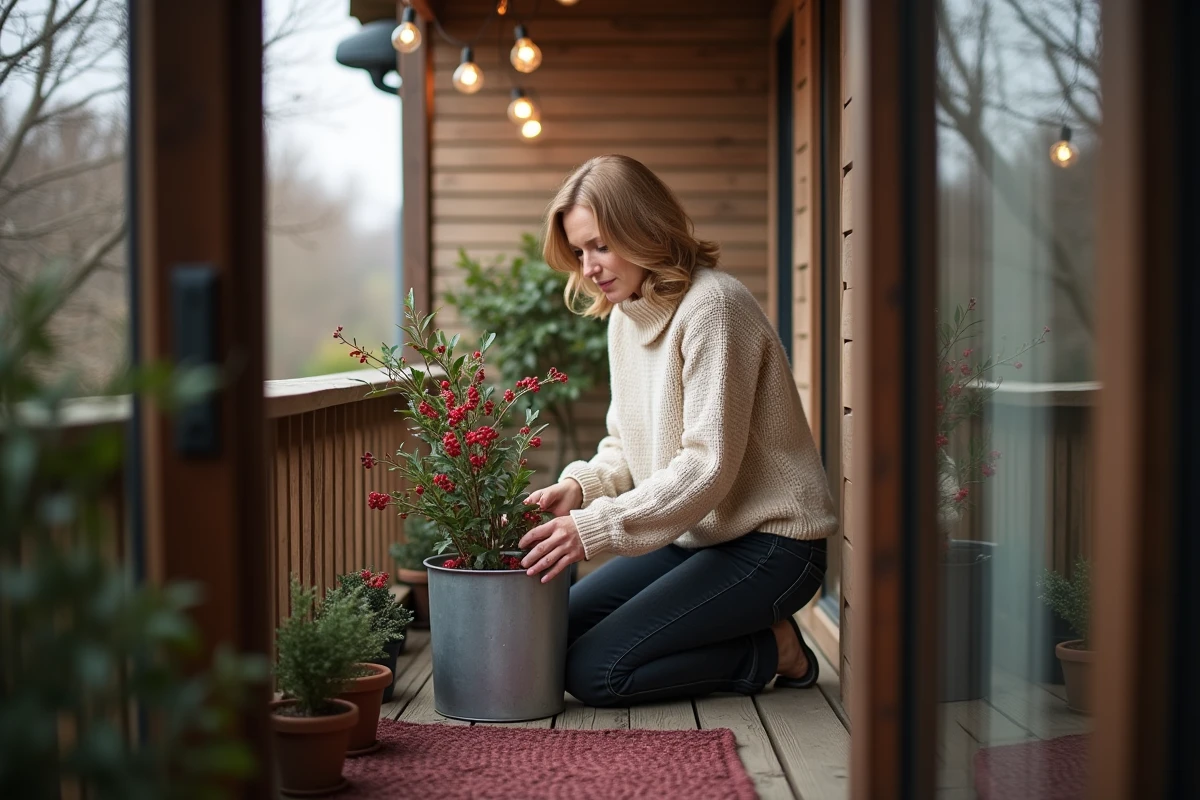Femme arrangeant des décorations de Noël naturelles sur un balcon en bois avec des plantes et des guirlandes lumineuses