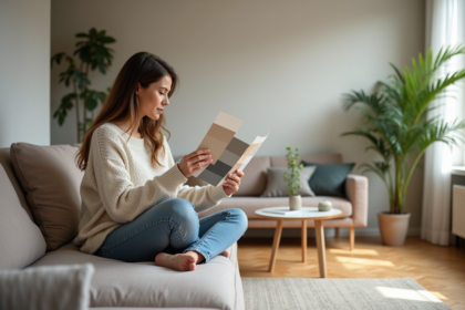 Femme choisissant des échantillons de peinture dans un salon moderne