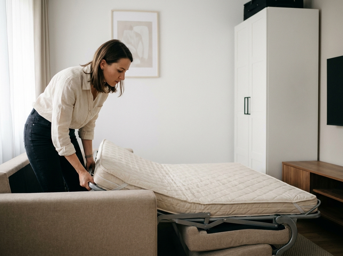 Jeune femme dépliant un canapé convertible beige dans un petit appartement moderne, démontrant la facilité de conversion
