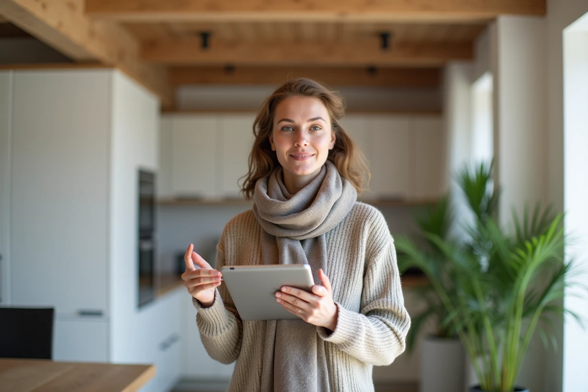 Jeune femme dans une maison écologique avec tablette et plantes