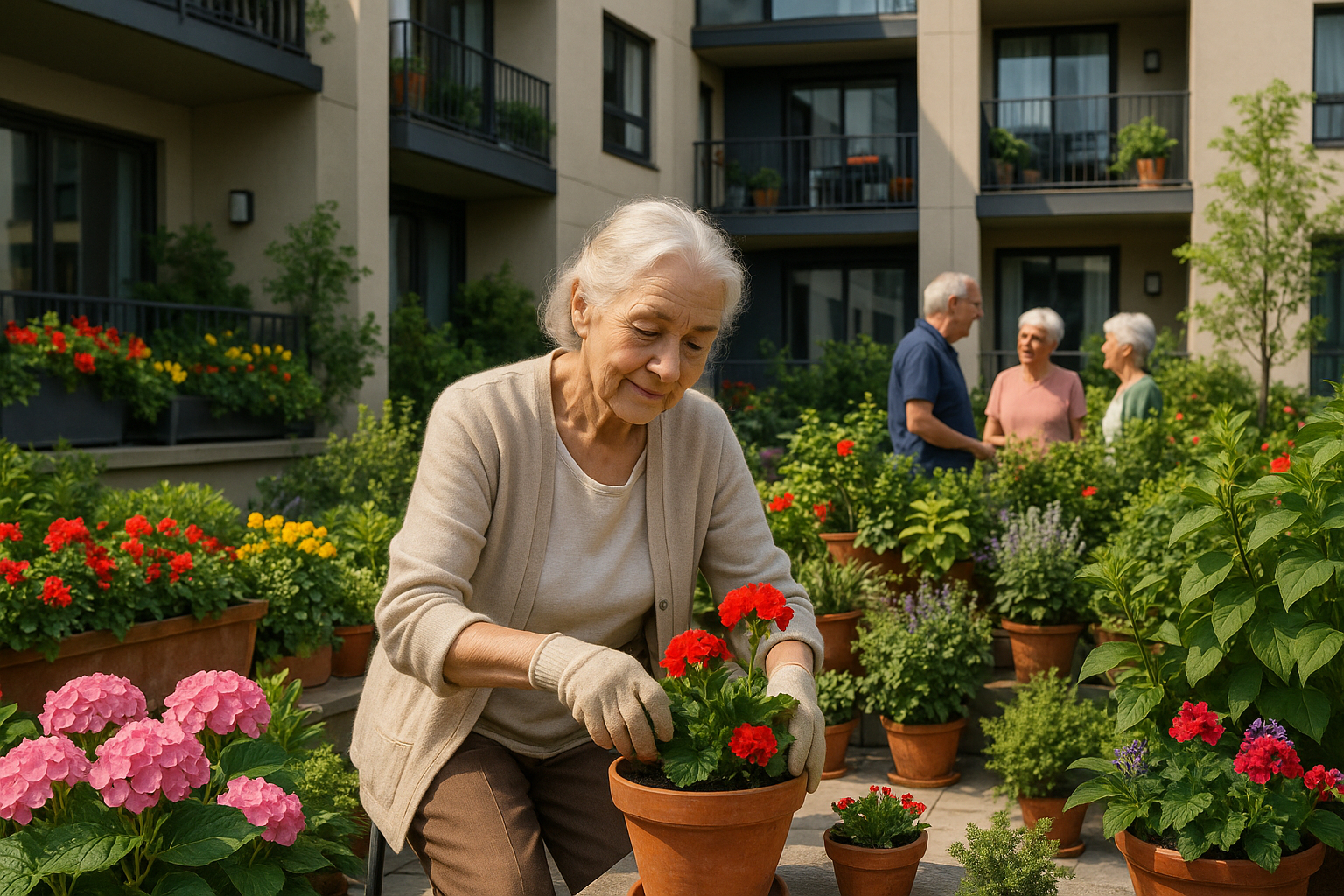 Femme âgée jardinant sur la terrasse d un appartement moderne