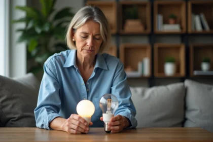 Femme examinant deux ampoules dans un appartement cosy