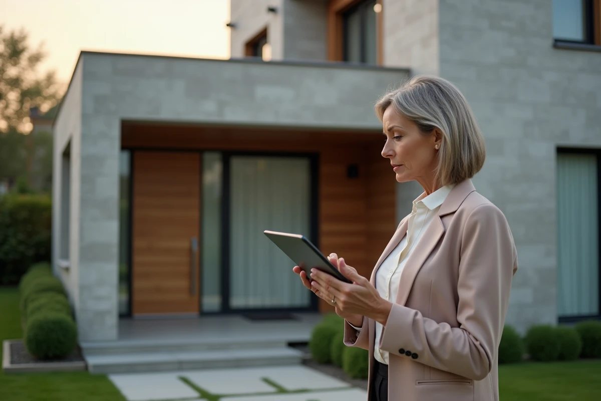 Femme examinant la façade moderne d