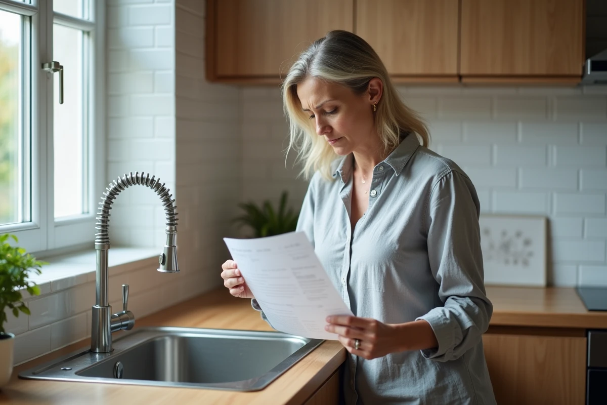 Femme consultant sa facture d'eau près d'un évier de cuisine moderne pour comprendre sa consommation moyenne