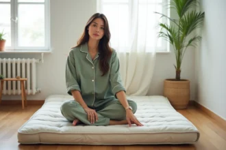 Femme assise sur un futon matelas pliable posé sur parquet en bois dans une chambre minimaliste scandinave