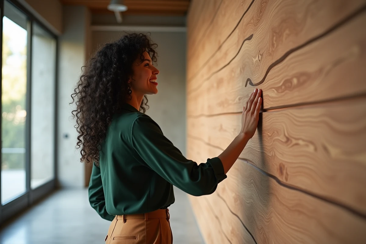 Jeune femme inspectant un mur en veneer courbe dans un studio moderne