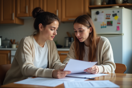 Femme et mère examinant des documents de location à la maison