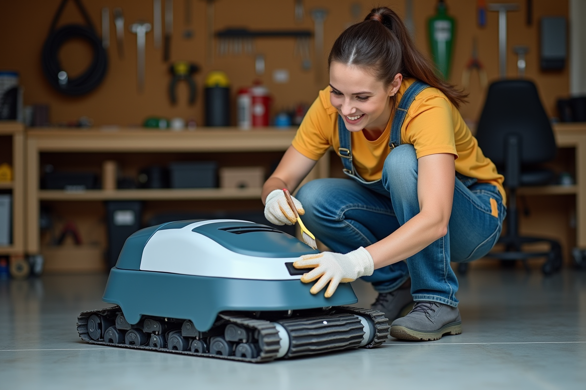 Jeune femme utilisant une brosse pour nettoyer un robot de piscine