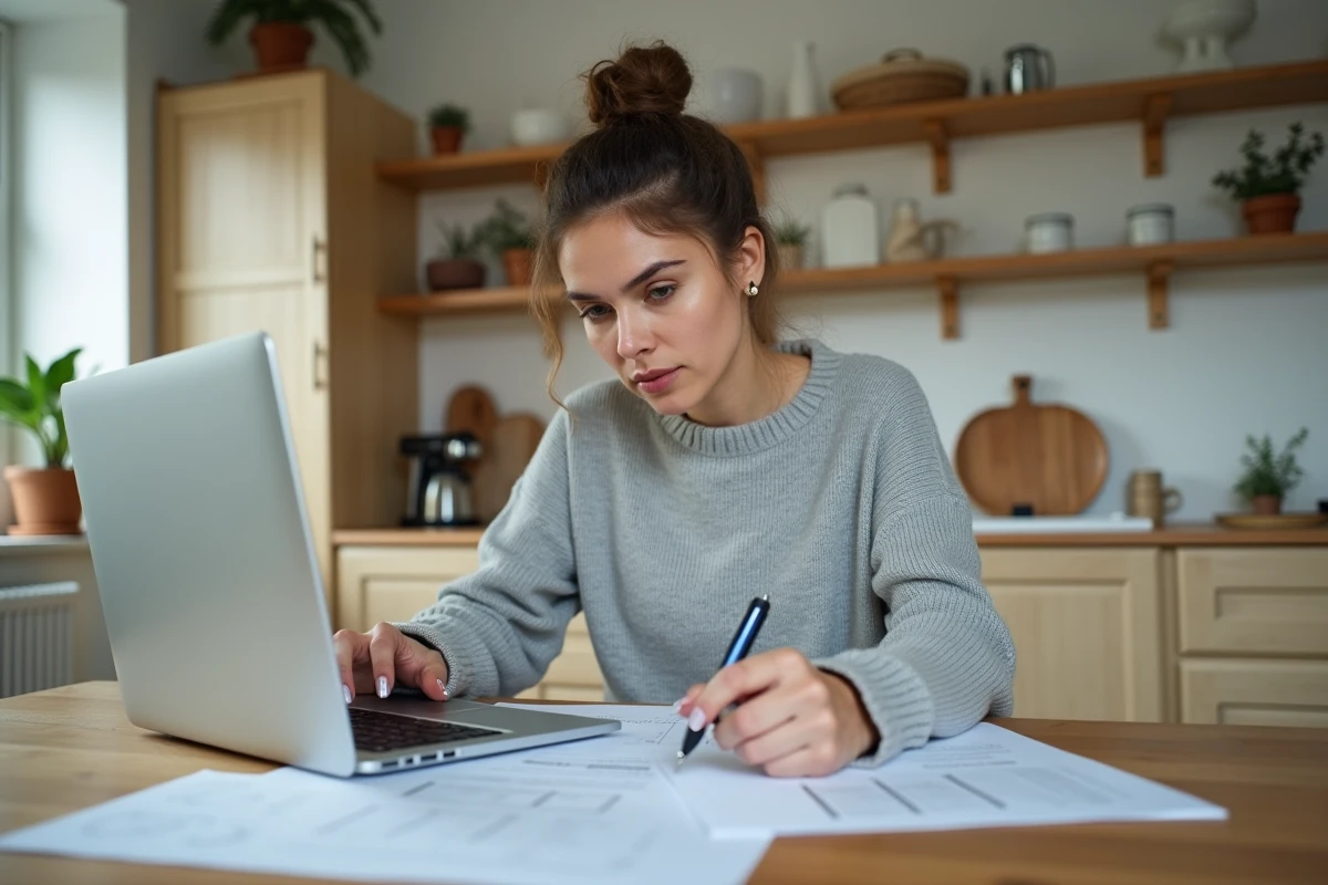 Femme utilisant un outil de budget rénovation en ligne sur son ordinateur portable à la table de cuisine