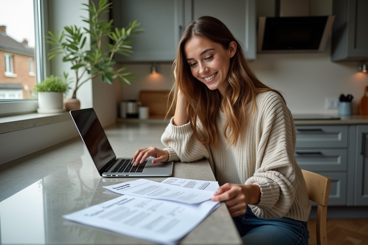 Jeune femme souriante vérifiant ses papiers de ramonage à la cuisine