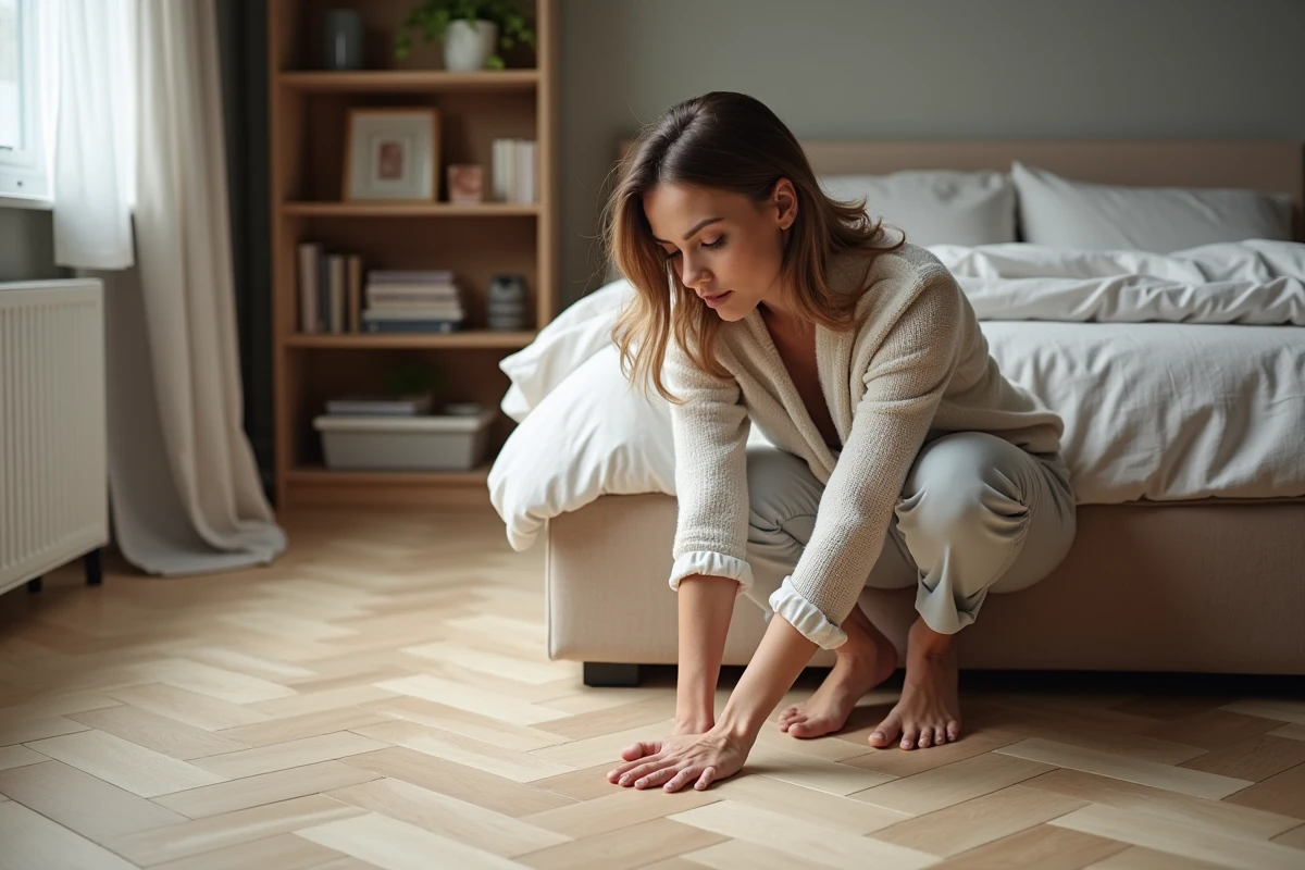 Femme examinant un parquet dans une chambre moderne
